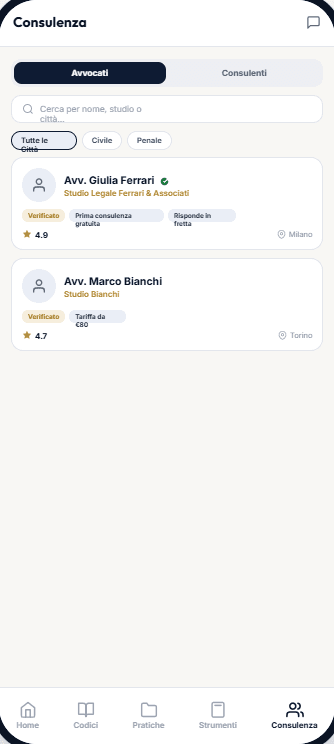 Elenco degli avvocati disponibili nell'app