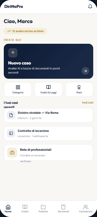 La schermata principale dell'app DirittoPro